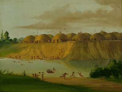 Painting of a Hidatsa village depicting earth-covered lodges on the Knife River.