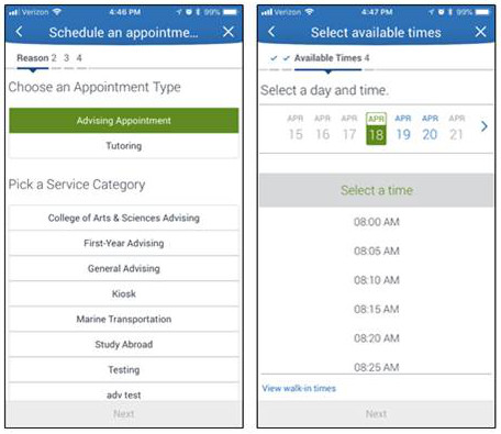 how the student navigate app displays appointments and options