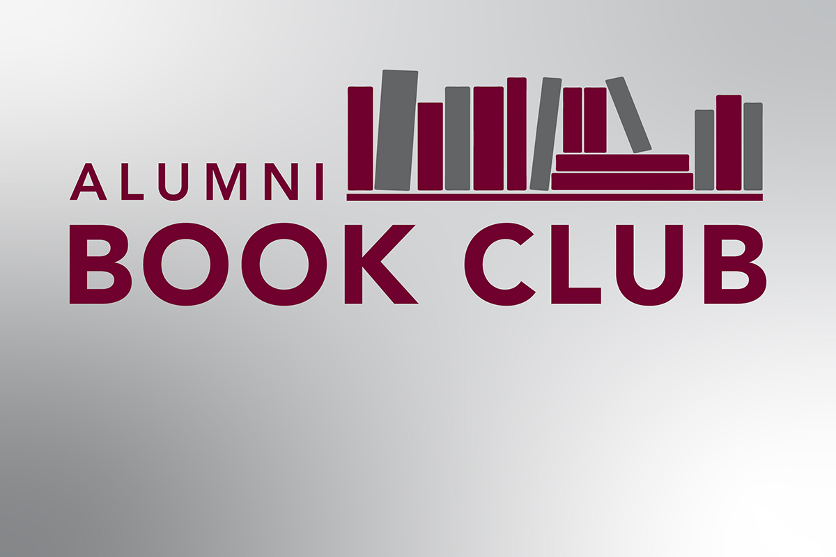 This is a maroon and grey graphic with a pile of books on it that says Alumni Book Club 