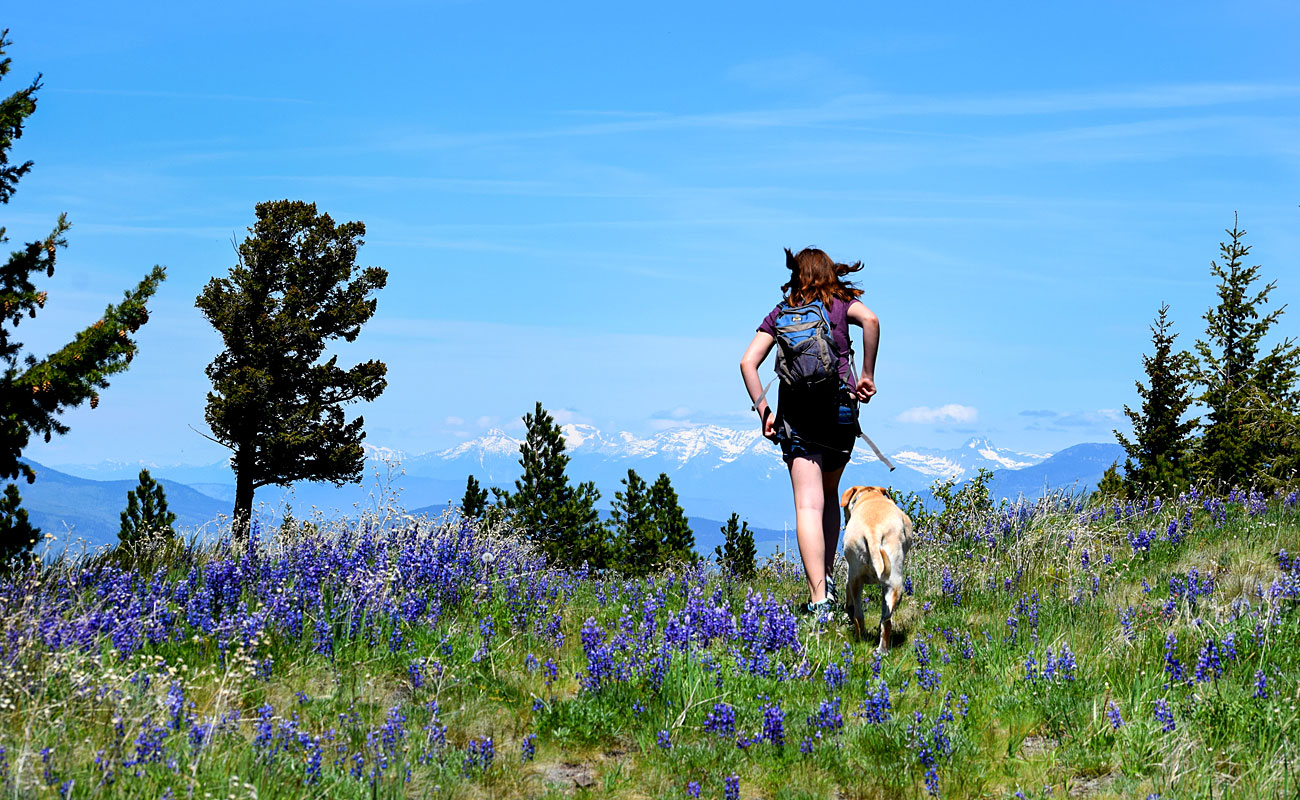 A woman hikes with her dog in the mountains of Montana.