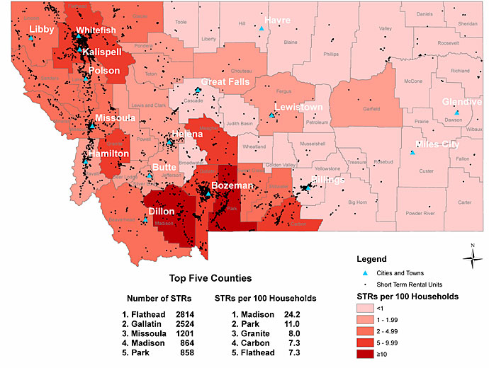 A graphic showing the distribution of short-term rentals across Montana.