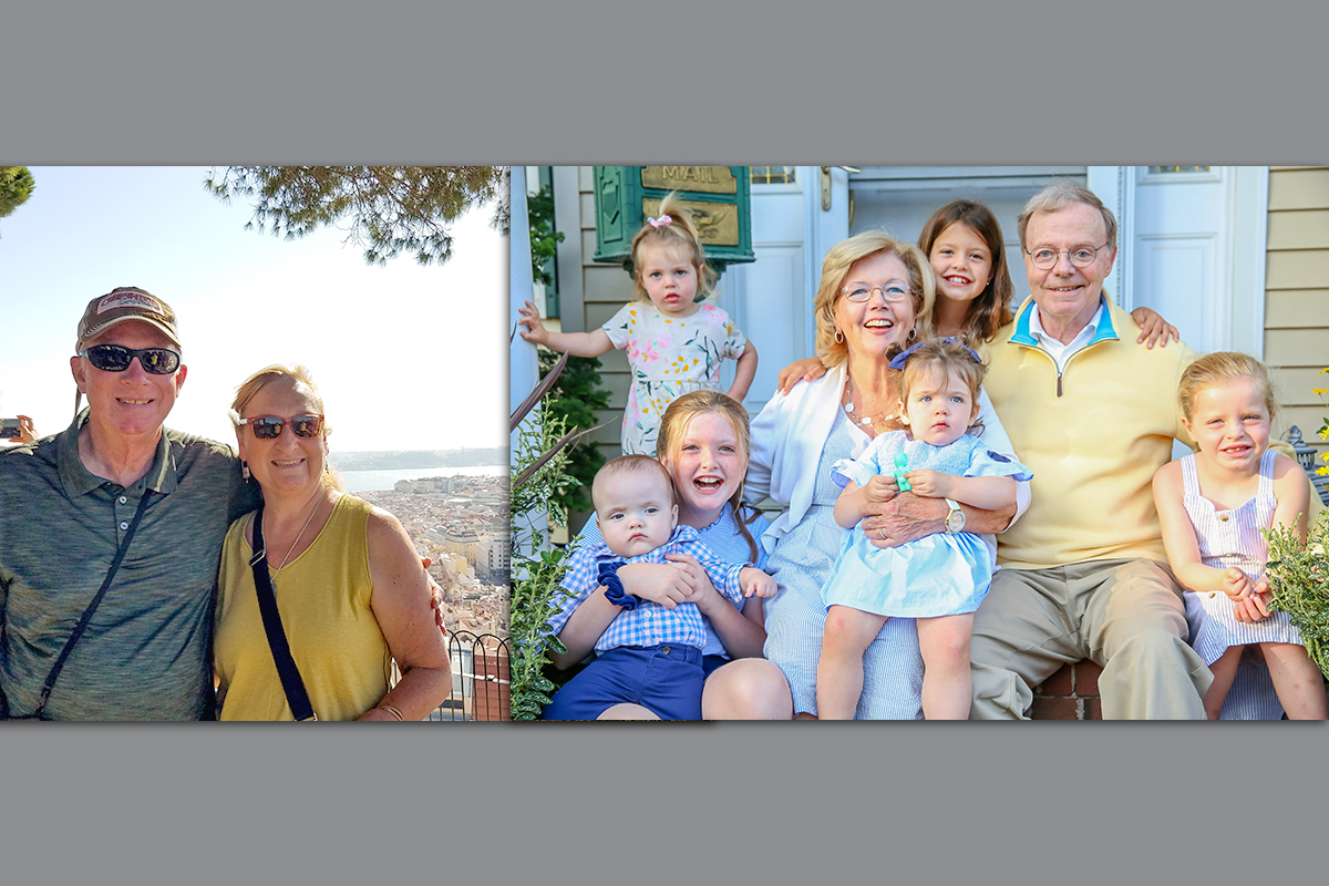 Two photos: In the photo on the left, a man and a woman in their sixties stand on a balcony with the overlook of a city down below. In the next photo, a man and woman around the same age are surrounded by six young grandchildren and are smiling. 