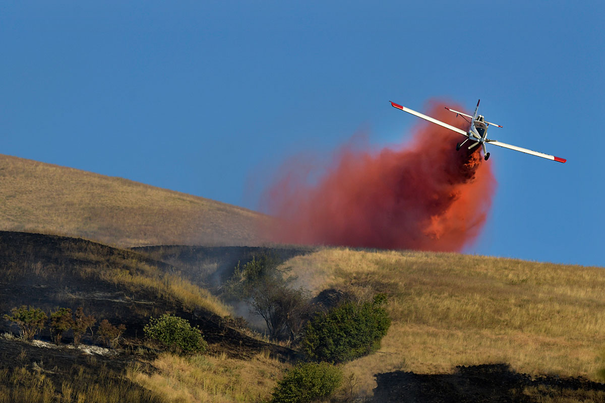 A plane dumps retardant on a fire burning on Mount Sentinel near the UM campus.