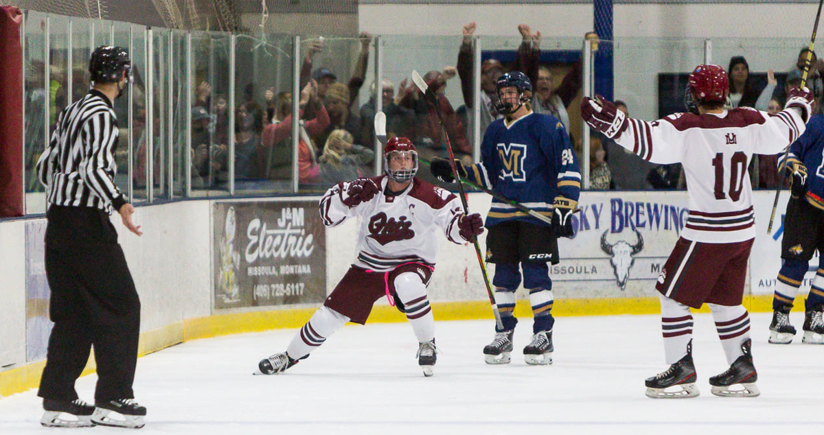 Photo of Griz Hockey player celebrating after scoring a goal