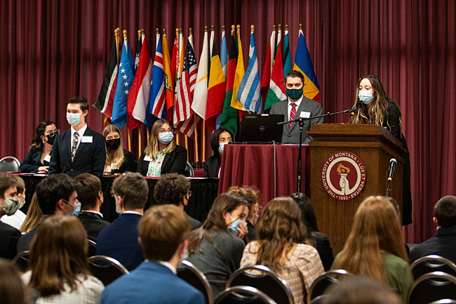 A student speaks at the podium during the Montana Model UN conference.