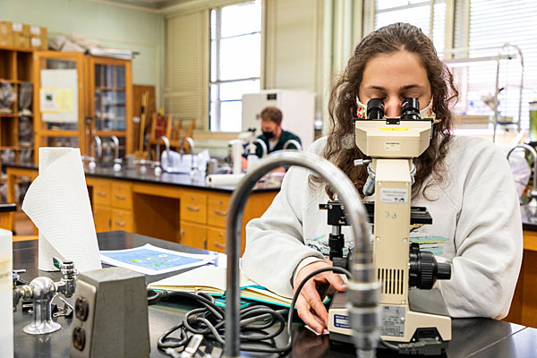 A researcher works with a microscope in a busy UM lab.