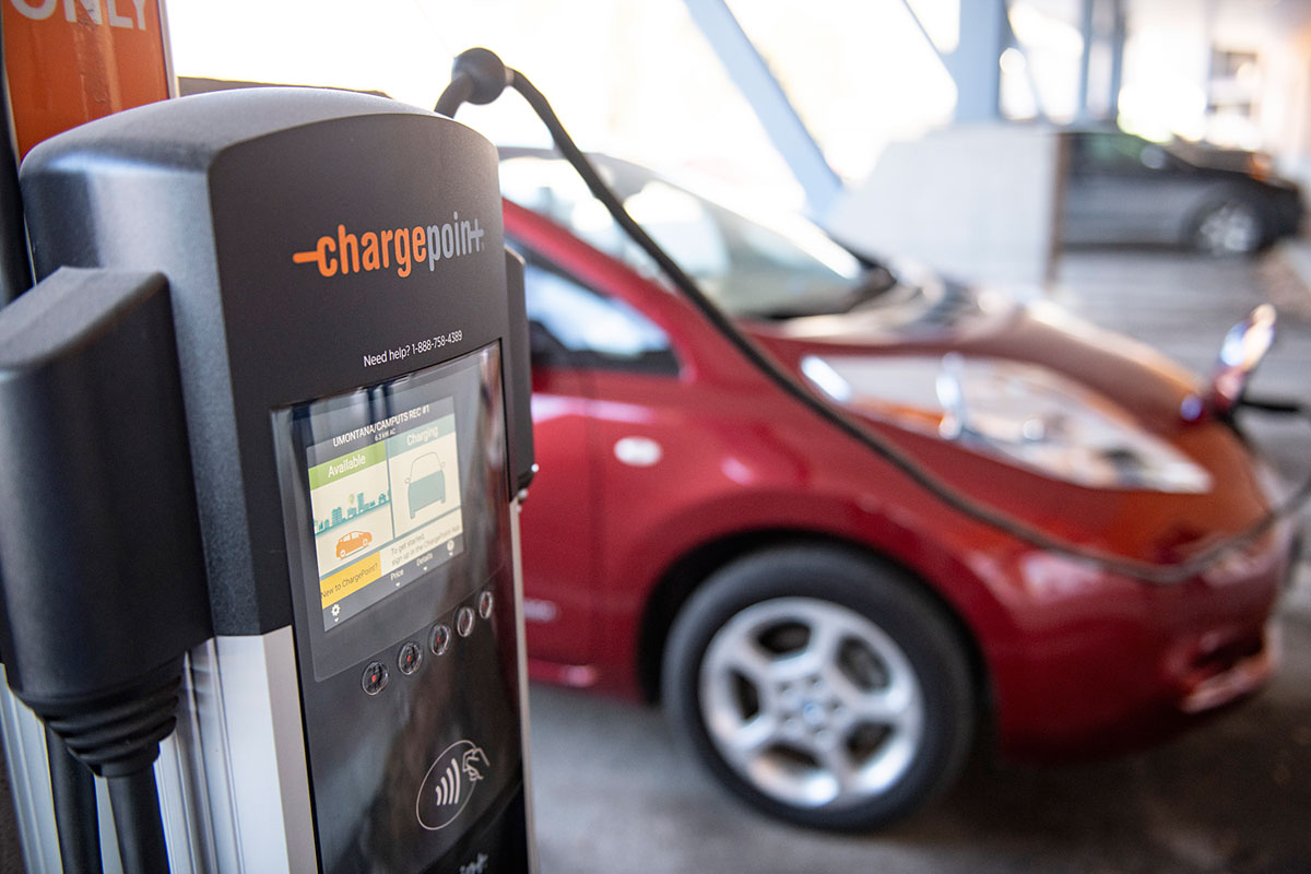 An EV charging station on the University of Montana campus.