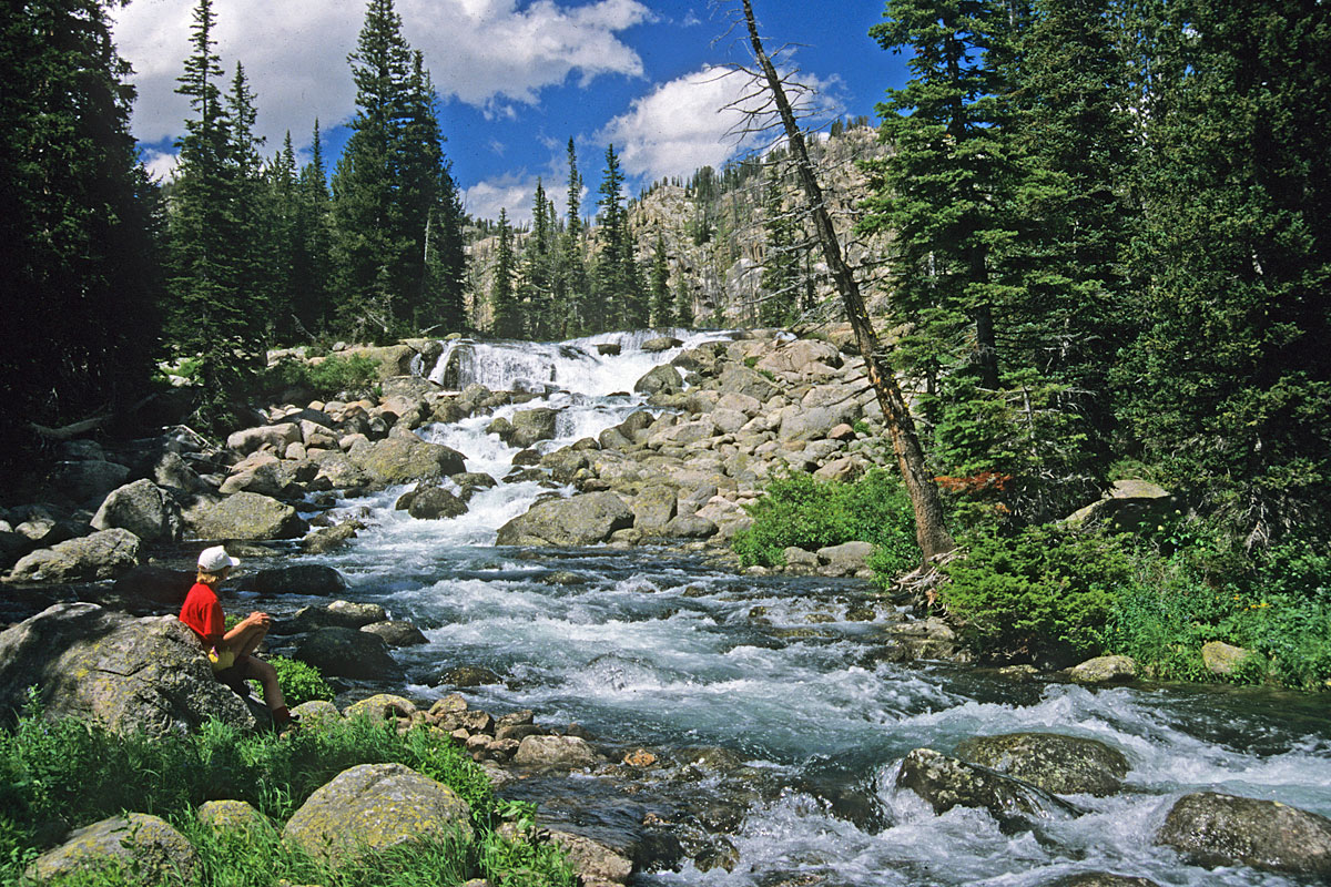 A student sits near a waterfall in the Beartooth Wilderness.