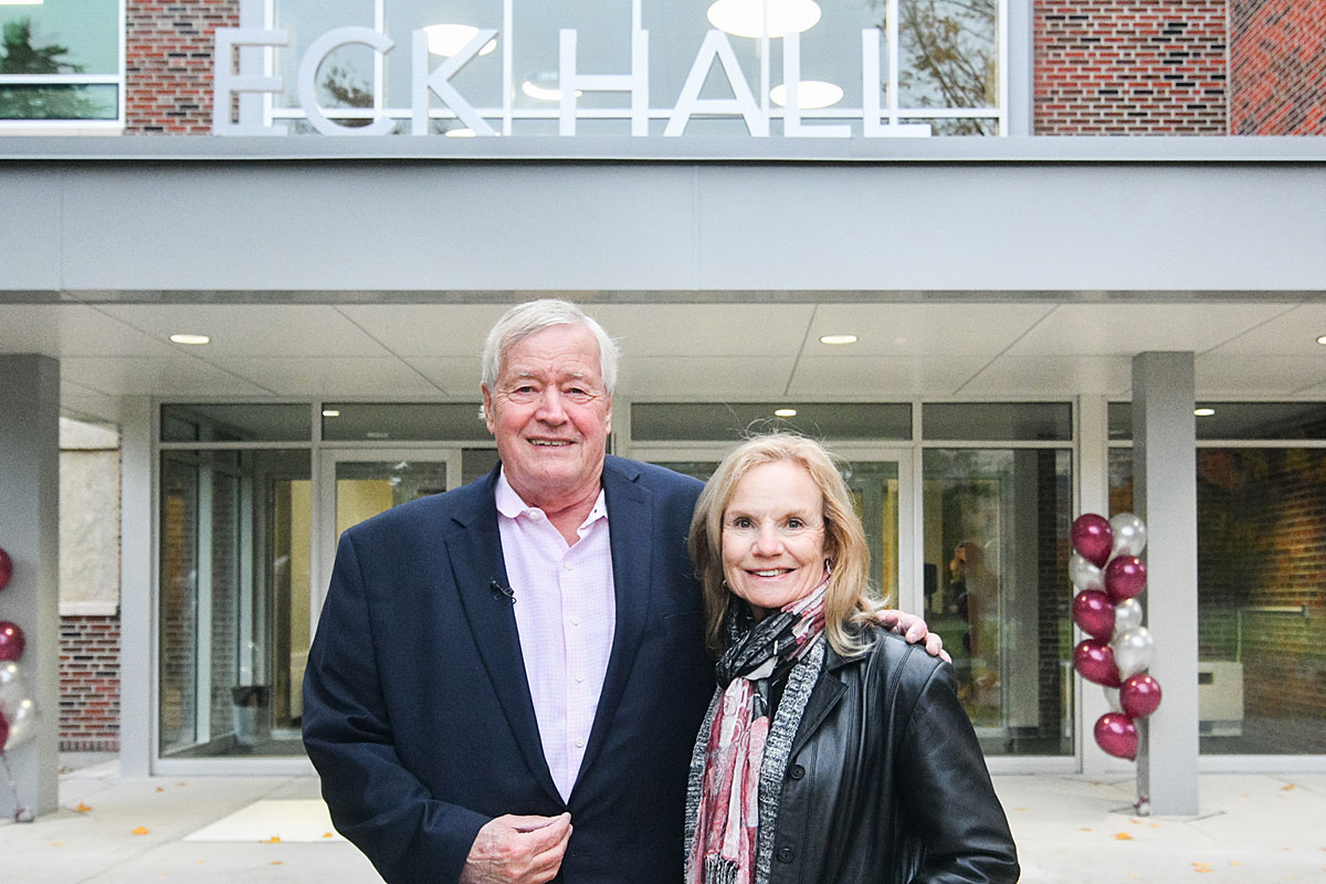 A picture of Dennis and Gretchen Eck before Eck Hall.