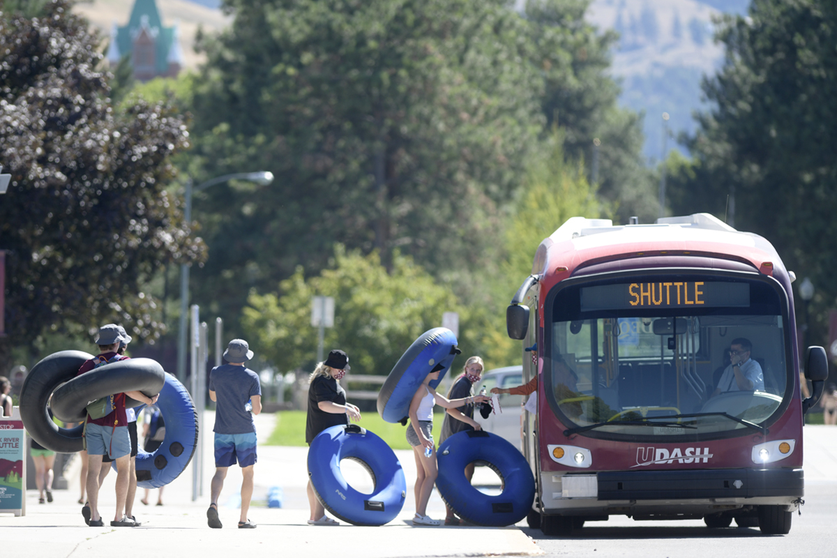 A photo of floaters getting on UM's free Clark Fork River Recreation Shuttle.