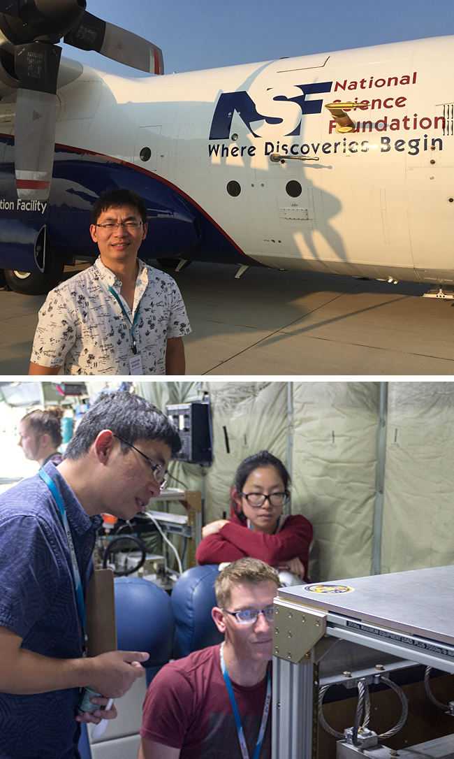 A picture of Lu Hu with a research plane and then with students working inside the plane.