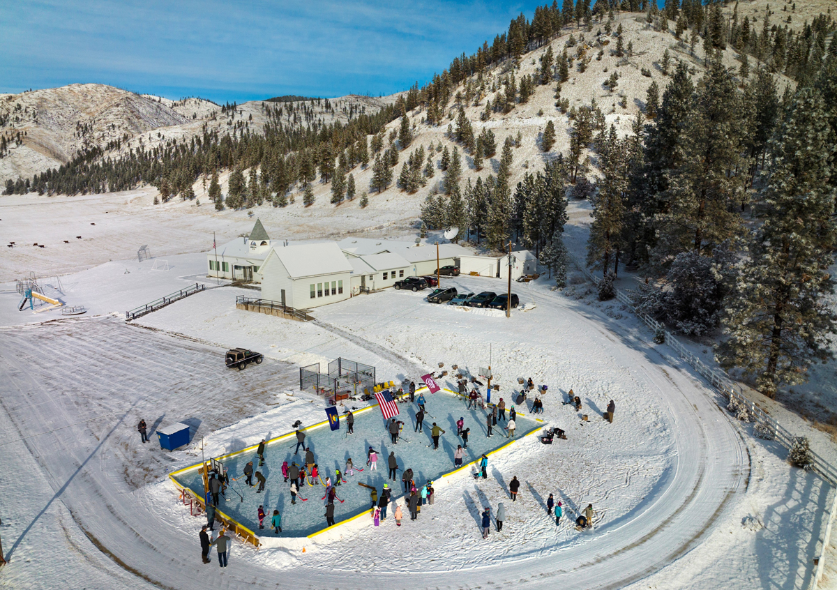 An aerial photo of the Woodman School ice rink. 