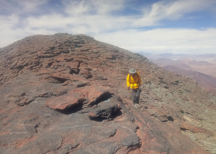 A researcher walks on the summit of an Andean volcano.