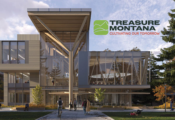 A rendering of the building with the Treasure Montana logo