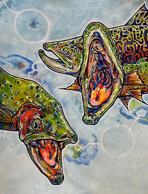 A piece of art with swimming fish.