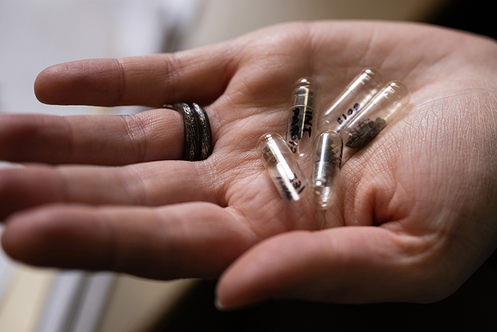 A hand holding samples.