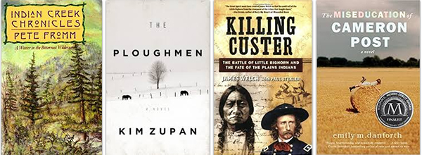 This is a graphic with the four books Indian Creek Chronicles, The Ploughman, Killing Custer and The Miseducation of Cameron Post 