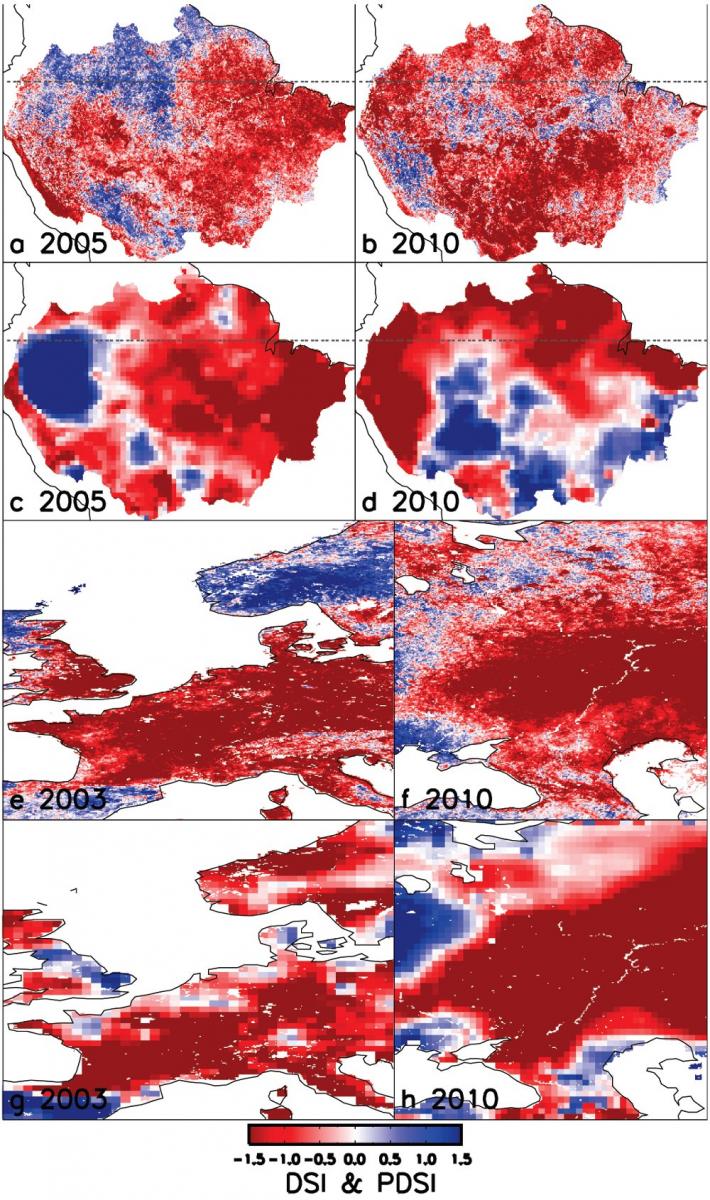 Spatial patterns of annual DSI (a, b, e, f) and growing-season PDSI (c, d, g, h) for selected sub regions, including the Amazon (the region as in Lewis et al., 2011) in 2005 (a, c) and 2010 (b, d), western Europe (40°N ~ 66.5°N and -5°E ~ 15°E) in 2003 (e, g), and western Russia (40°N ~ 66.5°N and 30°E ~ 55°E) in 2010 (f, h).