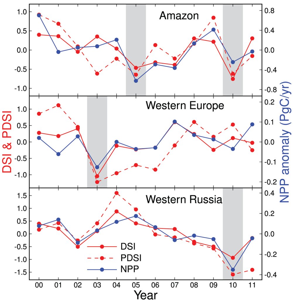 Annual DSI, growing-season PDSI and MODIS (MOD17) NPP data for selected sub regions, including the Amazon (the region as in Lewis et al., 2011), western Europe (40°N ~ 66.5°N and -5°E ~ 15°E) and western Russia (40°N ~ 66.5°N and 30°E ~ 55°E) regions, and 2000-2011 period. Vertical grey bars denote years with documented droughts within each region.