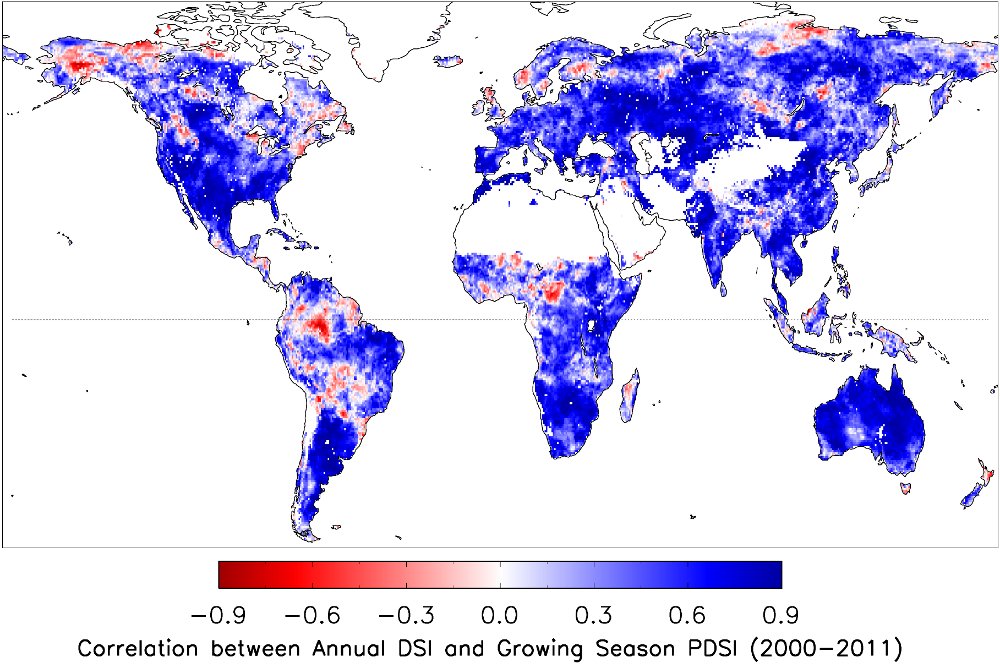 Spatial correlation coefficient between 12-year annual global DSI and precipitation data (Chen et al., 2002) from 2000-2011.