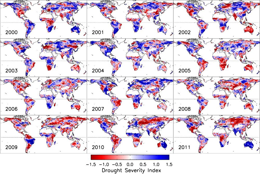 Annual global terrestrial Drought Severity Index (DSI) data over the 2000-2011 MODIS record. The DSI ranges theoretically from unlimited negative values to unlimited positive values for respective dry to wet climate deviations from prevailing conditions.