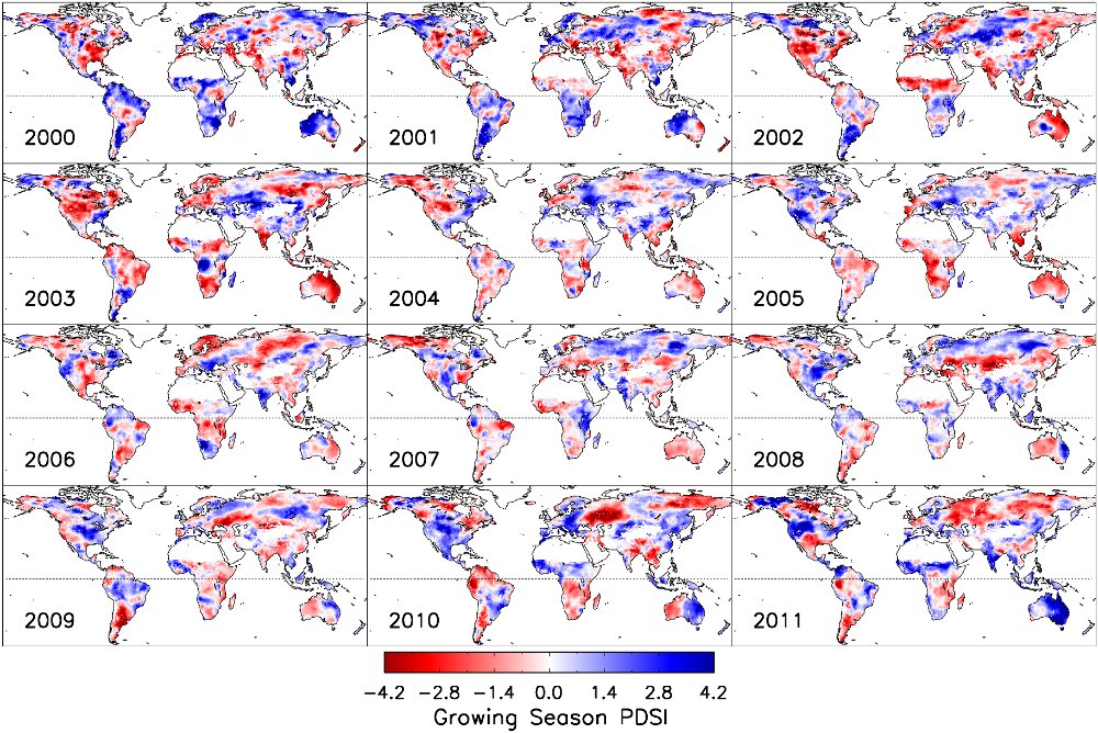 Annual global Palmer Drought Severity Index (PDSI) data over the 2000-2011 MODIS record. The PDSI ranges theoretically from unlimited negative values to unlimited positive values for respective dry to wet climate deviations from prevailing conditions.