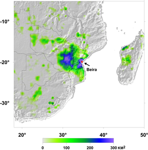 SMAP Cyclone Idai Flooded area increase Mar 11 - 19, 2019
