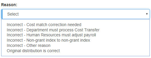 A pre-populated selection of reason options are presented.