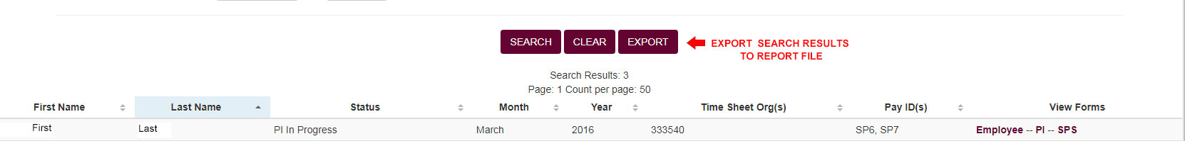 To export the search results, click the EXPORT button. NOTE: A warning will appear stating, The file you are trying to open, PARSearchResults_20XX.xls, is in a different format than specified by the file extension. Verify that the file is not corrupted and is form a trusted source before opening the file. Do you want to open the file now? Please click Yes to view the file.