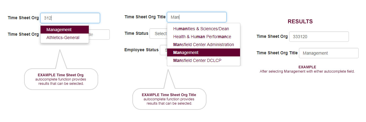 Time Sheet Org and Time Sheet Org Title autocomplete.