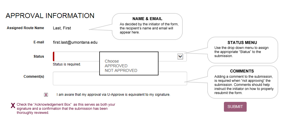 Administering Submissions - Use the drop down menu to assign the appropriate “Status” to the submission. Adding a comment to the submission, is required when “not approving” the submission. Comments should help instruct the initiator when resubmitting the form. Check the “Acknowledgement Box” as this serves as both your signature and a confirmation that the submission has been thoroughly reviewed.