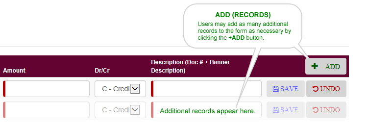 Adding Records: Users may add as many additional records to the form as necessary by clicking the +ADD button. 