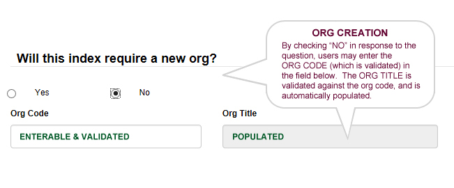 By checking “NO” in response to the question, users may enter the ORG CODE (which is validated) in the field below. The ORG TITLE is validated against the org code, and is automatically populated.