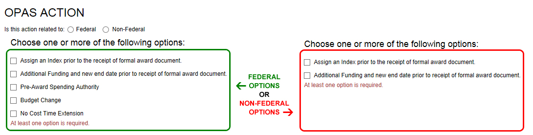CHOOSING FEDERAL OR NON-FEDERAL FUNDING: Select an option and the corresponding sub-options will display based upon the choice.