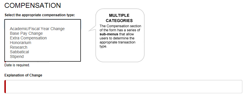 The Compensation section of the form has a series of sub-menus that allow users to determine the appropriate transaction type.