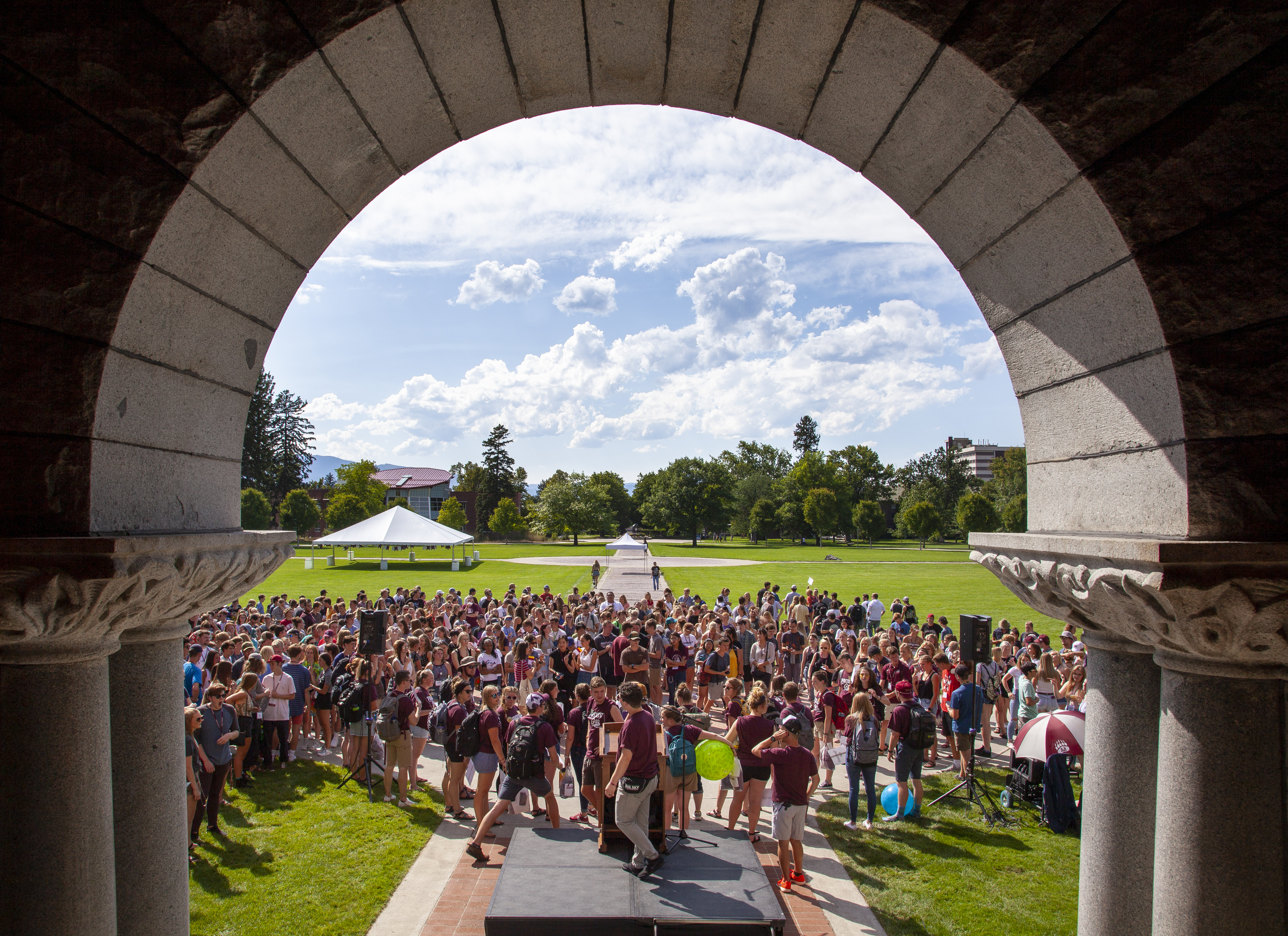 Students gather outside of Main Hall during orientation in 2019