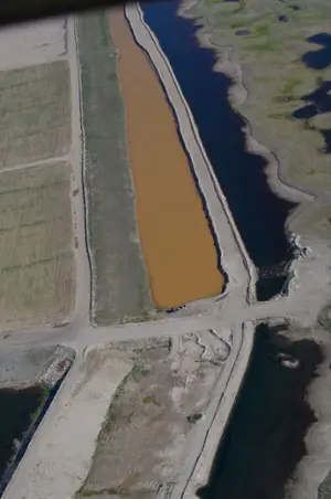 arial view of different holding ponds where minerals are settling out