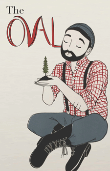 Cover of volume 8 featuring a drawing of a lumberjack squatting and cradling a small tree in his hands.