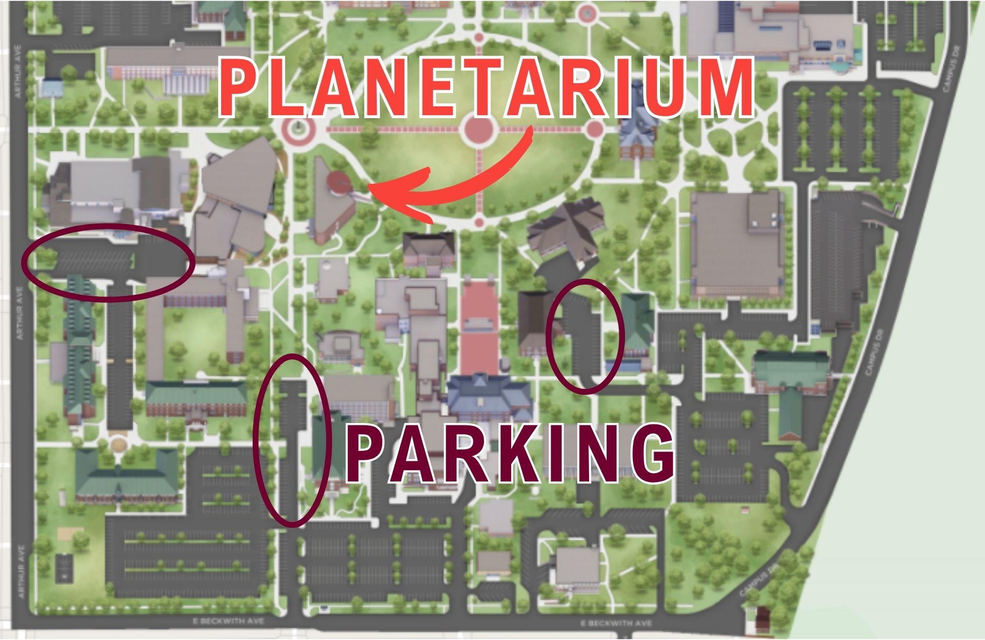 map of campus with parking areas and planetarium marked