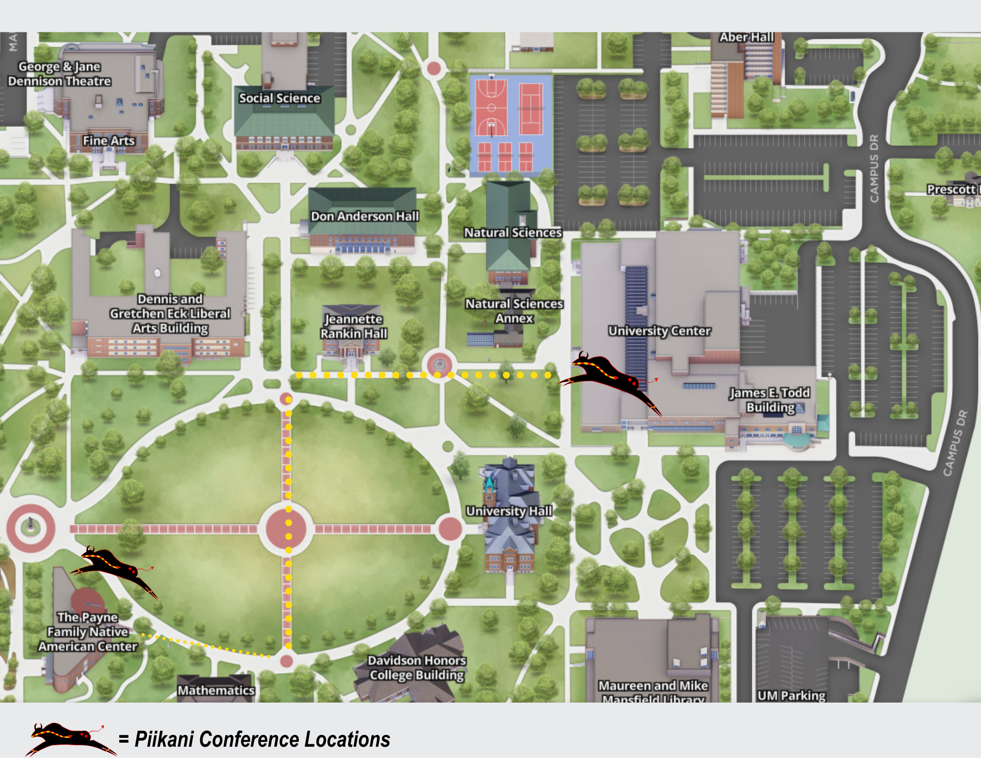 Campus map highlighting Piikani conference locations with dotted walking routes between the Payne Family Native American Center and the University Center.