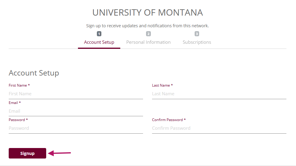Regoup profile signup page - has required fields for firstname, lastname, phone, email. Submit button on bottom left of page.