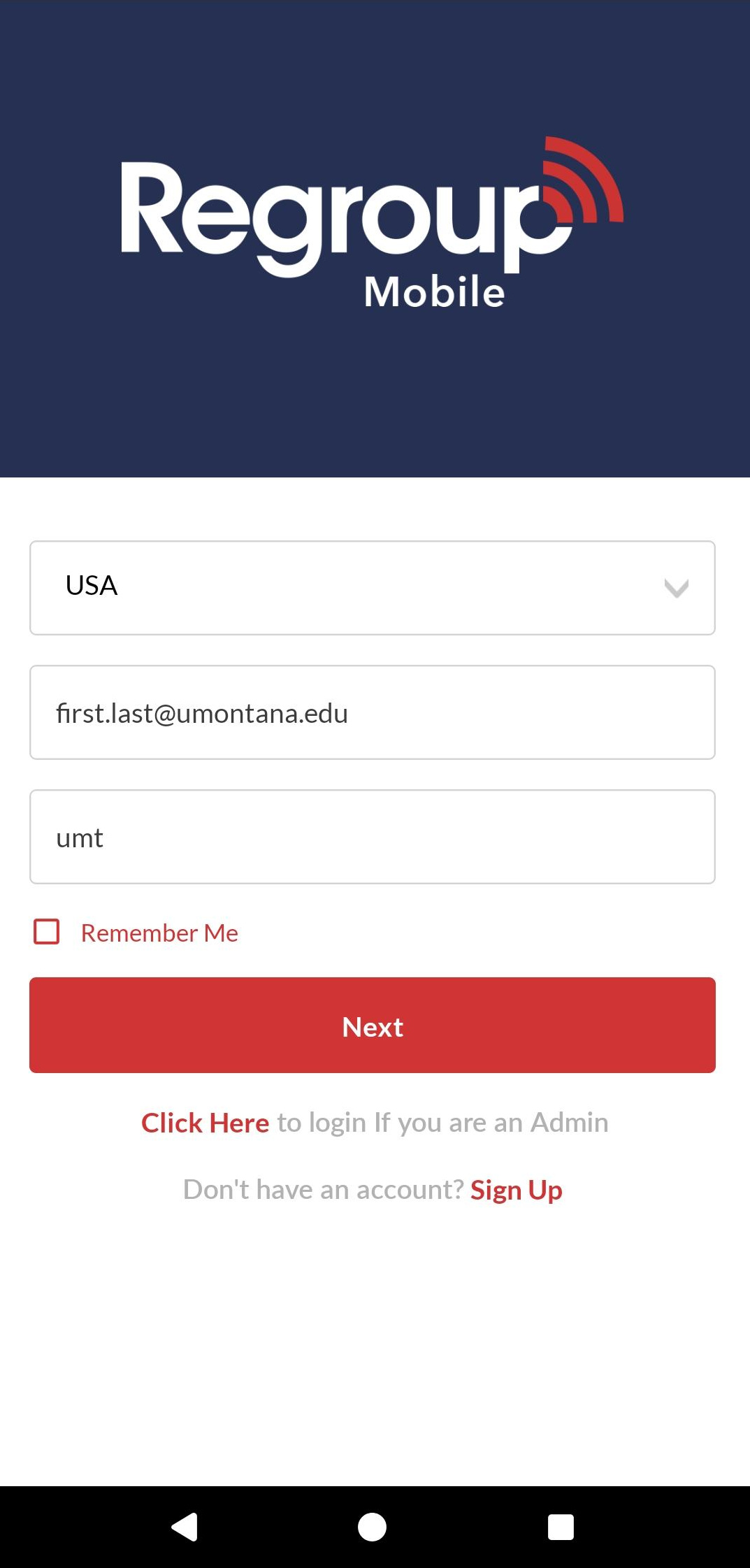 Login screen for the Regroup Mobile app featuring fields for country selection, email, and username. Username is first.last@umontana.edu and network is UMT
