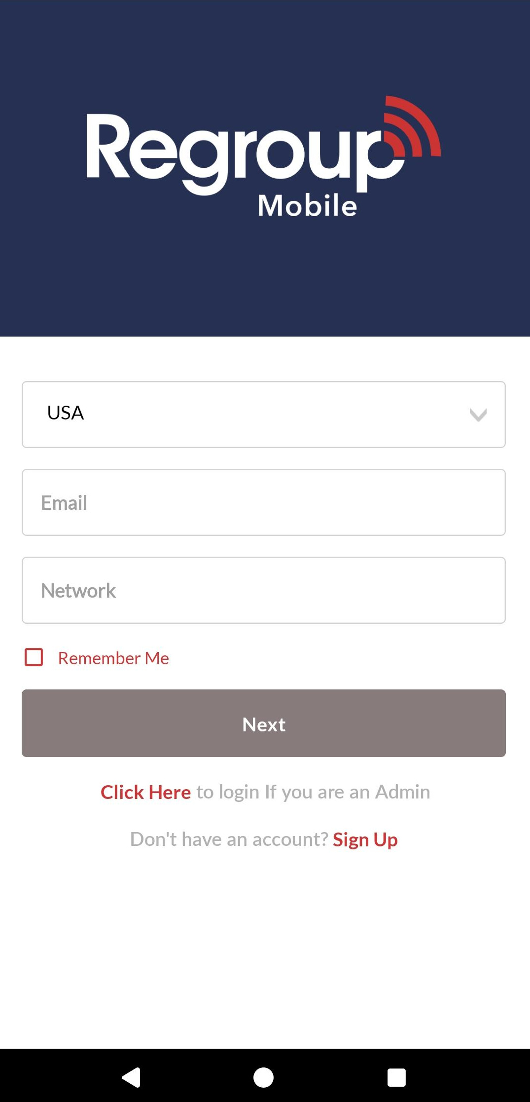 Login interface for Regroup Mobile with fields for country, email, and network.