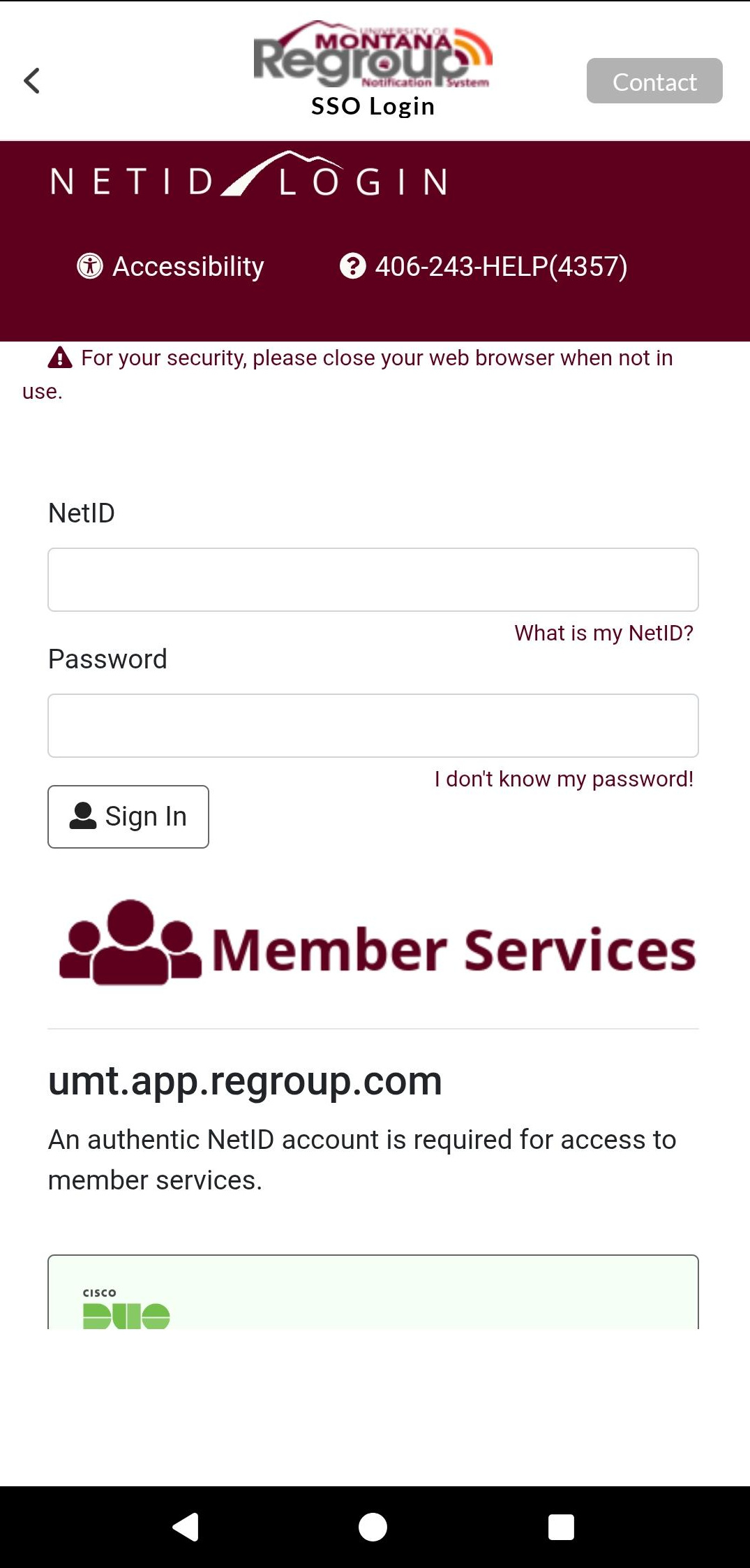 Screenshot of a login interface for Montana's NetID with fields for username and password, and a notice about accessing member services.