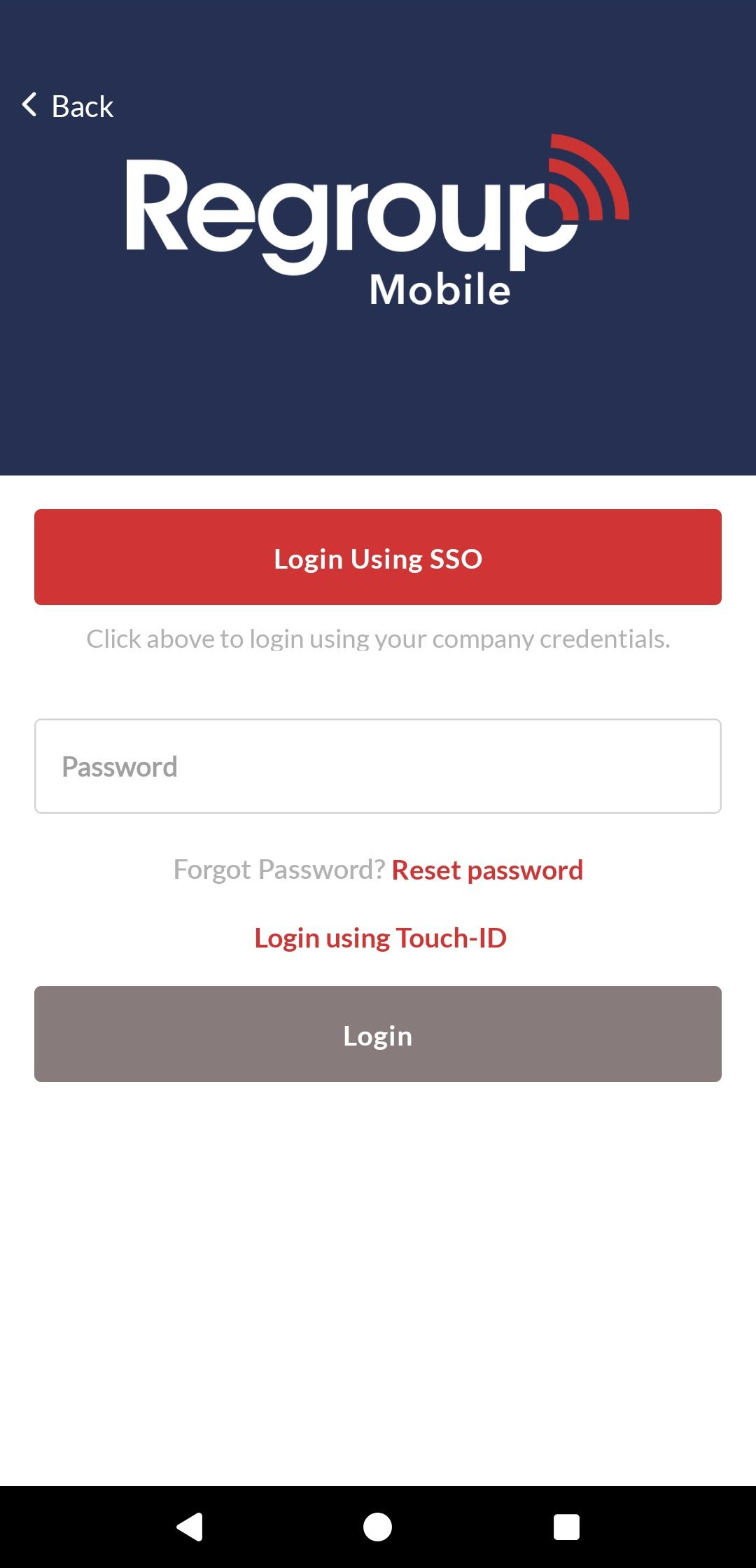Login screen for Regroup Mobile, featuring options for login using SSO and Touch-ID.