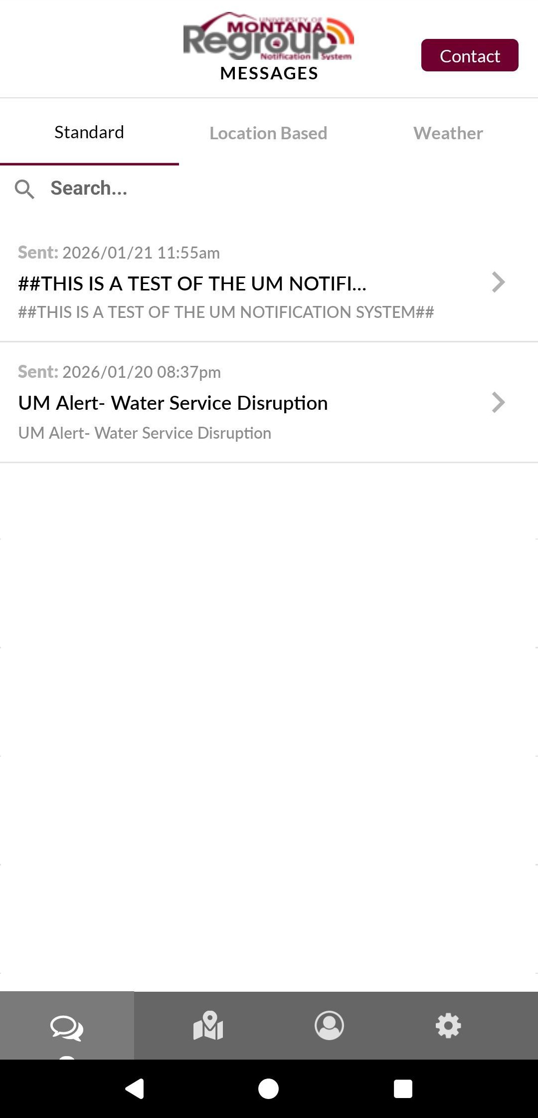 Screenshot of Regroup mobile app displaying messages including a test notification and an alert for a water service disruption.