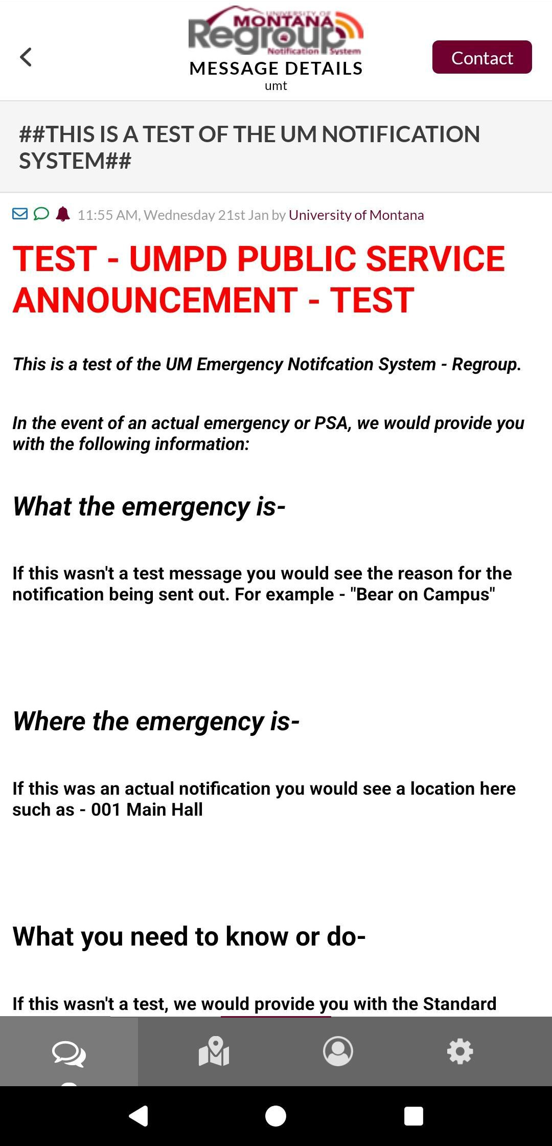 Screenshot of a public service announcement detailing a test of the UM Emergency Notification System.