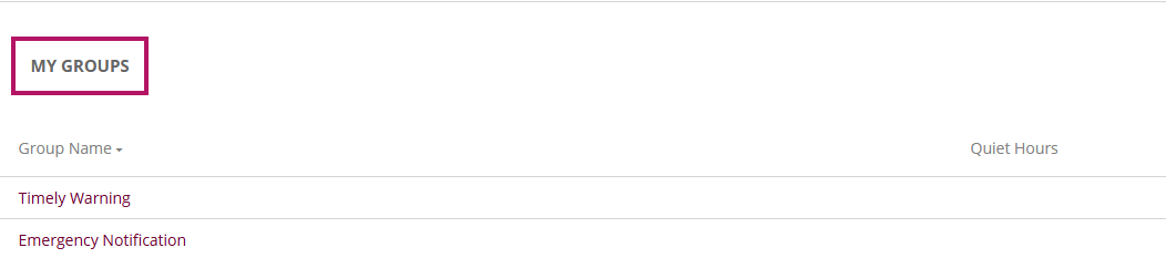 Example of regroup groups lis - shows 2 groups "Timely Warning" and "Emergency Notification"