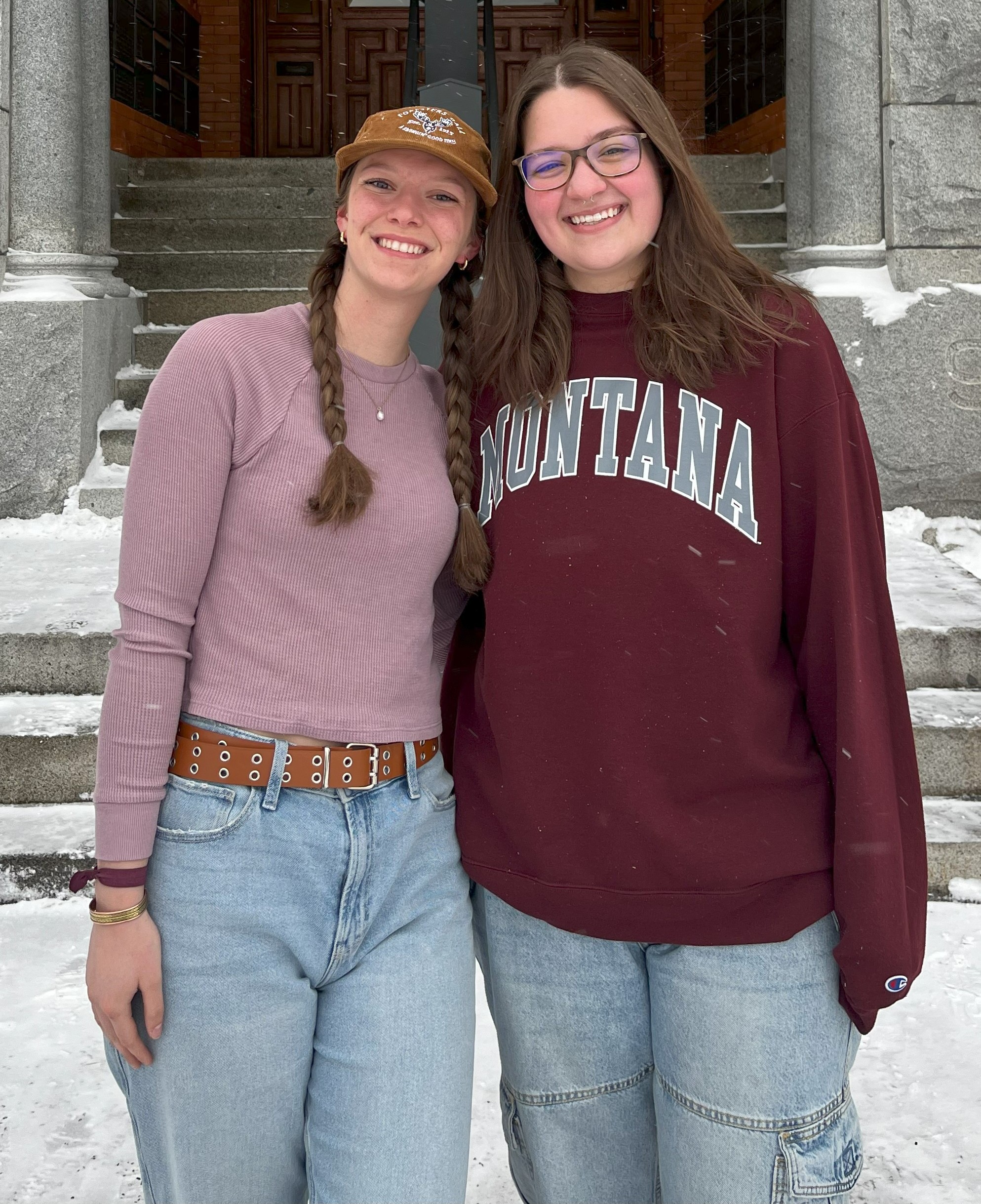 Two students outside University Hall