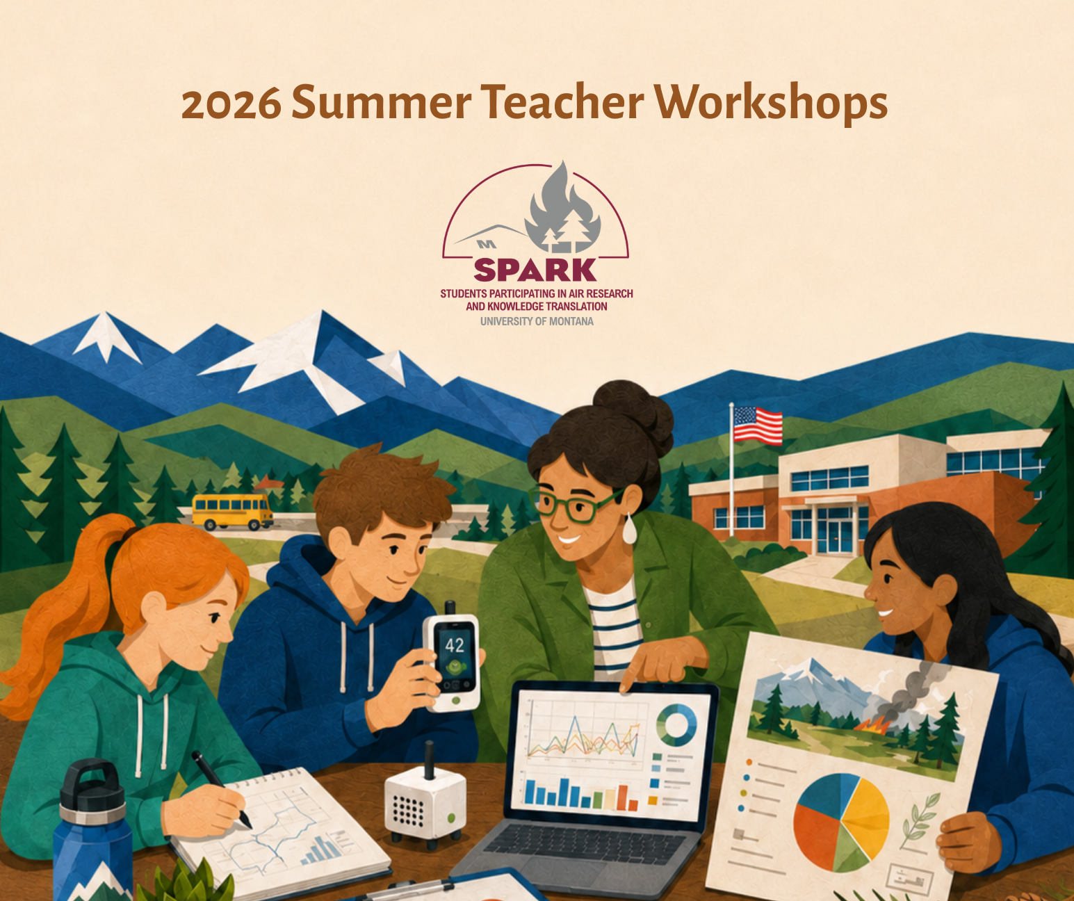 artistic representation of teacher with students studying wildfire exposure